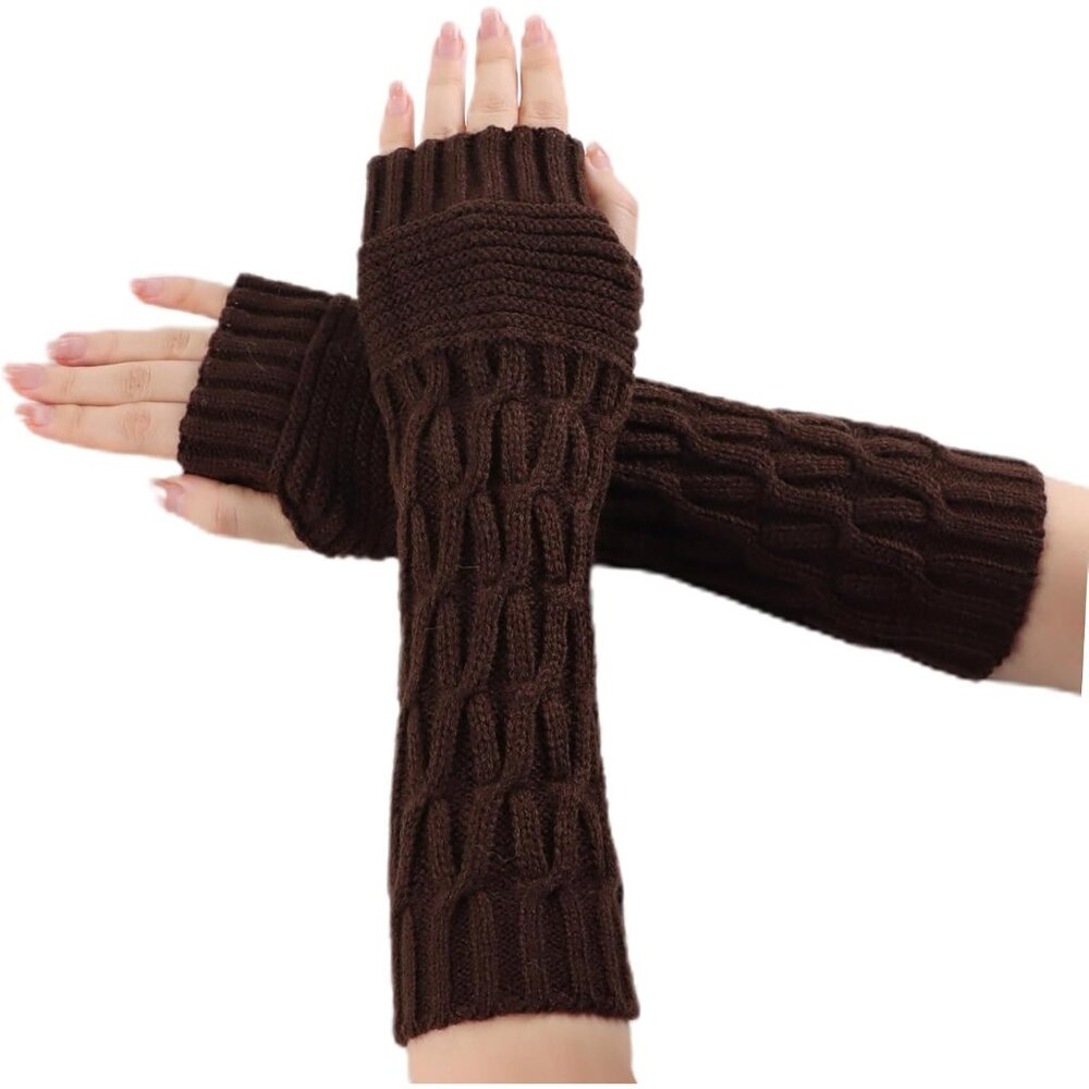 Women's Coffee Thumb Hole Warm Arm Sleeves Fingerless Knit Wrist Mittens Gloves